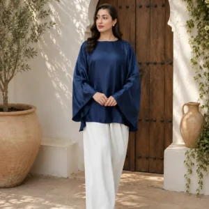 Elegant navy blue satin kaftan for women