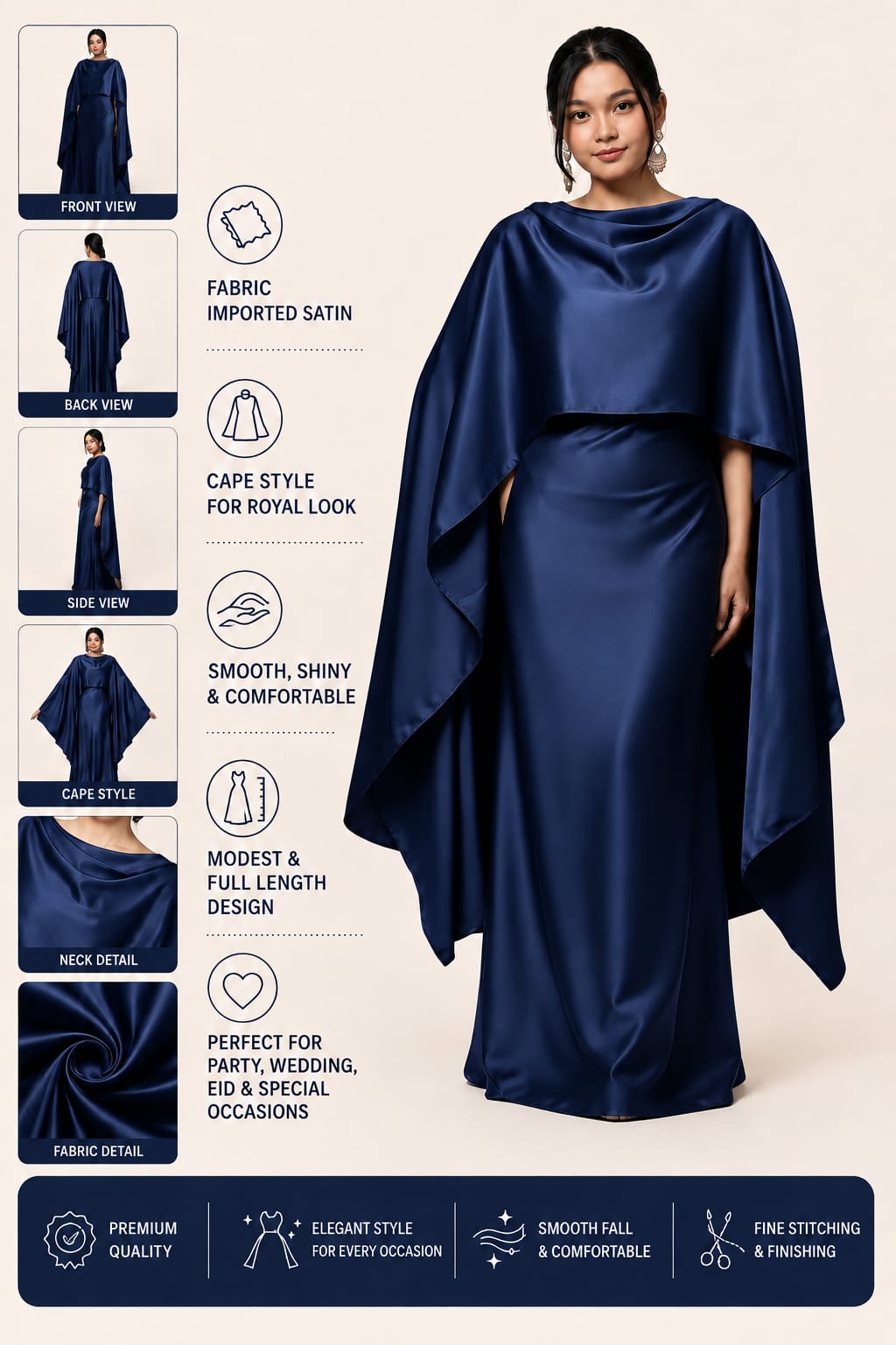 Women’s Navy Blue Satin Cape Gown with Dupatta – Elegant Modest Party Wear - Image 4