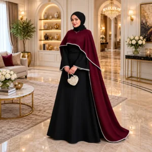 black maroon cape gown, designer modest gown, satin party wear gown, elegant maxi dress women, wedding guest gown, festive wear gown, cape style modest dress