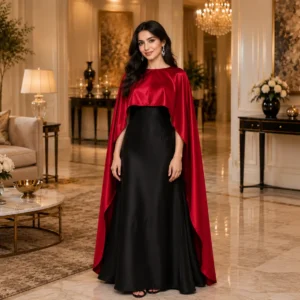 black maroon satin gown, cape style dress women, modest party wear gown, satin evening dress, wedding guest gown women, elegant maxi gown, festive satin dress