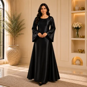 Woman wearing black satin modest maxi gown