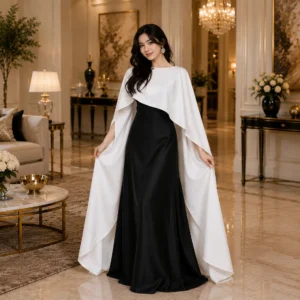 Woman wearing black satin modest gown with white cape dupatta