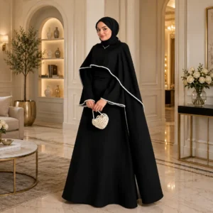 designer black cape gown, modest black gown, party wear modest dress, elegant black maxi dress, wedding guest gown women, cape style gown, festive wear gown