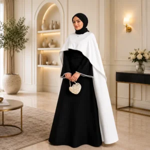 Woman wearing designer black modest gown with white cape