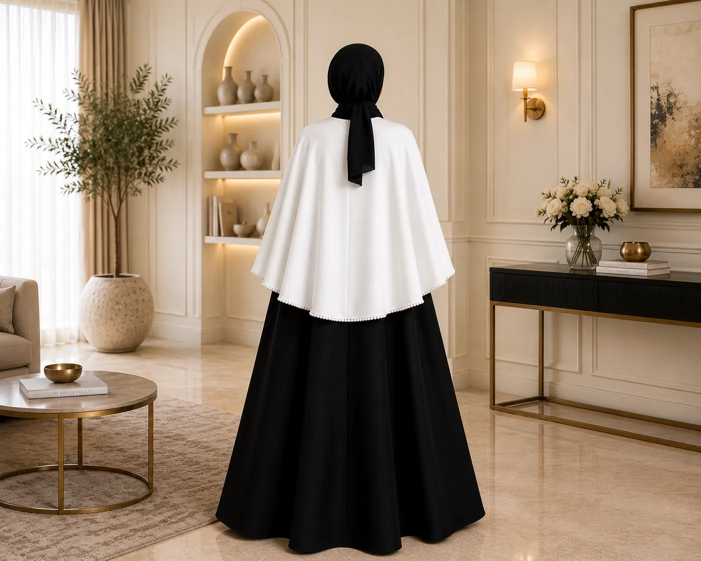 designer black gown, black modest gown, cape style gown women, elegant party wear gown, wedding guest gown, satin modest dress, black and white gown