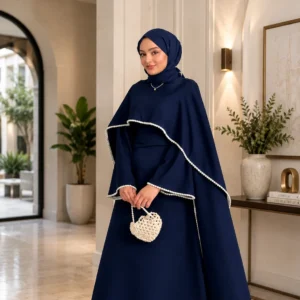 Woman wearing designer navy blue modest gown with cape