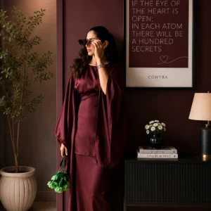 Women’s Maroon Satin Kaftan Top – Elegant Loose Fit Long Sleeve Kaftan