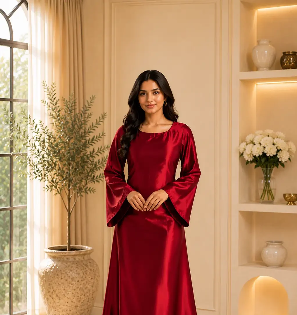 Women’s Maroon Satin Modest Gown – Elegant Full Sleeve