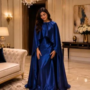 navy blue satin gown, cape style gown women, modest party wear dress, satin evening gown, wedding guest dress women, festive wear gown, luxury satin cape gown