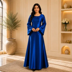 Woman wearing navy blue satin modest maxi gown