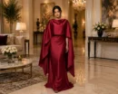 wine satin cape gown, designer modest gown, satin party wear dress, elegant maxi gown women, wedding guest dress, festive wear satin gown, luxury cape dress