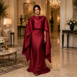 wine satin cape gown, designer modest gown, satin party wear dress, elegant maxi gown women, wedding guest dress, festive wear satin gown, luxury cape dress